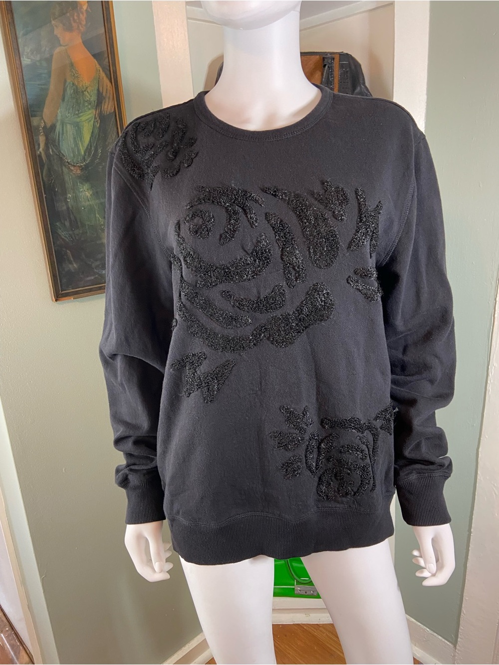 BDG Boucle Textured Roses Floral Cotton French Terry Black Crewneck Sweatshirt